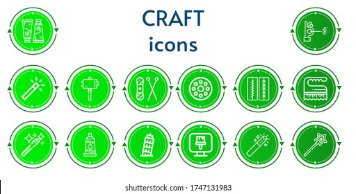 Editable 14 craft icons for web and mobile. Set of craft included icons line Paint tube, Wand, Magic wand, Hammer, Knit, Bobbin, Stitches, Brush, Pisa, Paint brush