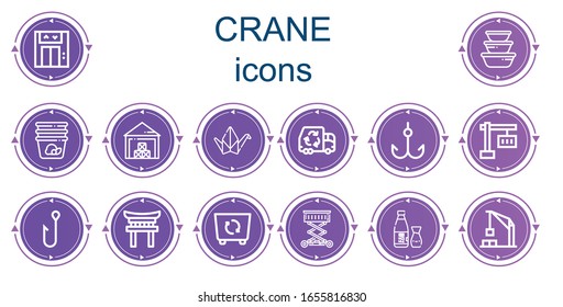 Editable 14 crane icons for web and mobile. Set of crane included icons line Lift, Container, Storehouse, Origami, Garbage truck, Hook, Crane, Torii, Sake, Harbor