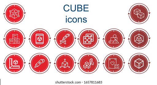 Editable 14 cube icons for web and mobile. Set of cube included icons line Cube, Dices, Abc, d printing pen, Dice, Blocks, d Sugar