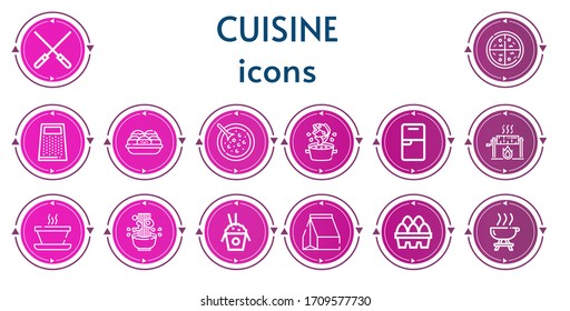 Editable 14 cuisine icons for web and mobile. Set of cuisine included icons line Skewers, Pizza, Grater, Takoyaki, Red bean soup, Soup, Fridge, Roast, Noodle, Rice, Take away