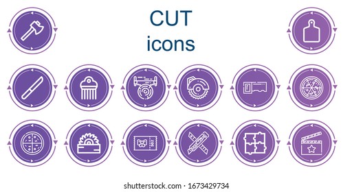 Editable 14 cut icons for web and mobile. Set of cut included icons line Axe, Cutting board, Knife, Comb, Saw, Circular saw, Pizza, Coupon, Cutter, Puzzle, Clapperboard
