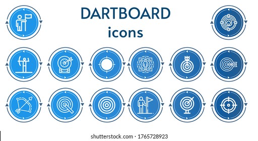 Editable 14 iconos de tablero para web y móvil. El conjunto de tableros de anuncios incluía la línea de iconos Goal, Target, Archery, Dartboard, Goals, Dardos
