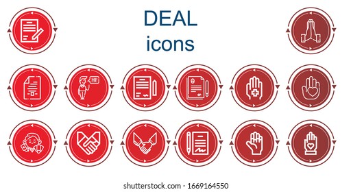 Editable 14 iconos de acuerdo para web y móvil. El conjunto de operaciones incluía iconos línea Contrato, Manos, Saludo, Mano, Distribuidor, Amortiguación, Acuerdo