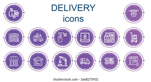 Editable 14 delivery icons for web and mobile. Set of delivery included icons line Mailbox, Drone, Hangar, Ice cream truck, Online shop, Online store, Cash register, Trolley