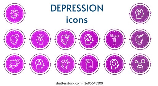 Editable 14 depression icons for web and mobile. Set of depression included icons line Kitty, Mind, Acting, Anxiety, Mindfulness