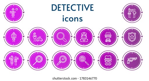 Bearbeitbar 14 Detektivsymbole für Web und Mobile. Set Set von Detektiv-Icons Linie Detektiv, Magnifier, Polizei, Mafia, Polizei-Abzeichen, Zoom out, Zoom, Verguise, Revolver