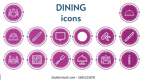 Editable 14 dining icons for web and mobile. Set of dining included icons line Romantic dinner, Tray, Plate, Knife, Night stand, Dinner, Menu, Fork