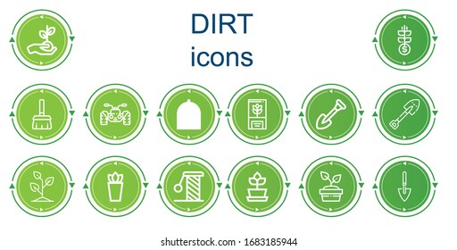 Editable 14 iconos de suciedad para web y móvil. Conjunto de suciedad incluidos iconos línea Planta, Crecer, Escoba, Cuádruple, Espoleta, Espoleta, Escrachado