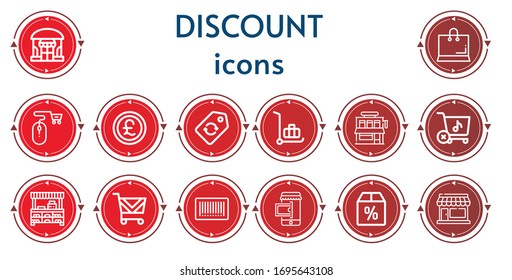 Editable 14 discount icons for web and mobile. Set of discount included icons line Shop, Shopping, Online shop, Pound, Label, Delivery cart, Store, Shopping cart, Barcode, Offer