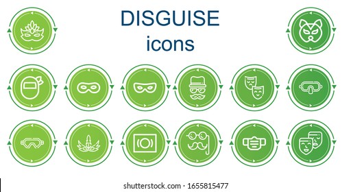 Editable 14 iconos disfrazados para web y móvil. Conjunto de disfraz incluidos iconos línea Máscara, Disfrazado, Vestuario, Máscaras