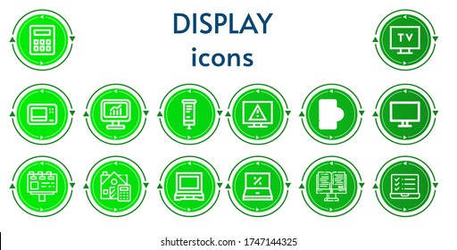 Editable 14 display icons for web and mobile. Set of display included icons line Calculator, Tv, Microwave, Computer, Roll up, Television, Mobile, Billboard, Calculate, Laptop