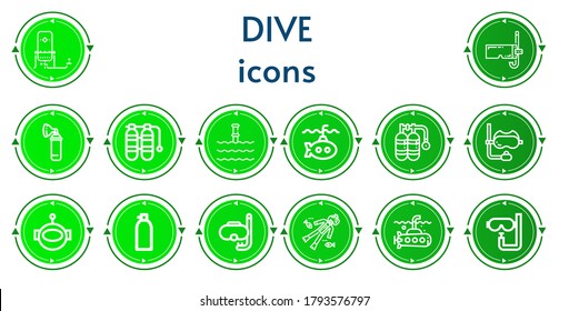 Editable 14 dive icons for web and mobile. Set of dive included icons line Oxygen, Diving mask, Oxygen tank, Underwater, Submarine, Snorkel, Aqualung, Diving, Scuba diving, Dive