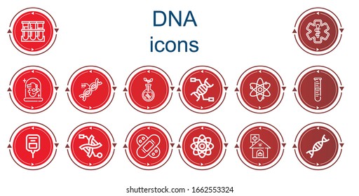 Editable 14 dna icons for web and mobile. Set of dna included icons line Blood sample, Pharmacy, Scientist, Dna, Transgenics, Atom, Lab, Saline, Bandage, Clinic, Genetic