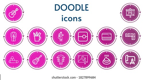 Editable 14 íconos de doodle para web y móvil. El conjunto de doodle incluye la línea de iconos Guitar, pizarra, Alboroto, estuche de lápiz, Slide, Scrabble, Chalk, Drawing, Poo