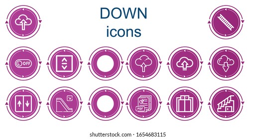 Editable 14 down icons for web and mobile. Set of down included icons line Upload, Ladder, Off, Lift, Stairs, Download, Elevator, Escalator, Pdf