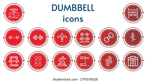 Editable 14 dumbbell icons for web and mobile. Set of dumbbell included icons line Fitness, Weights, Barbell, Dumbbell, Sport, Gym