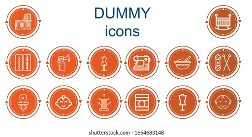 Editable 14 iconos ficticios para web y móvil. Conjunto de iconos ficticios incluidos línea Cuna para bebé, Cuna, Stitches, Bomba de pecho, Mannequín, Coser, Comida para bebé, Knit, Pacificador, Niño, Pincushion