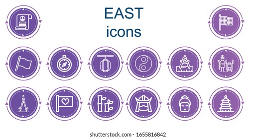 Editable 14 east icons for web and mobile. Set of east included icons line Pacifism, Flag, Compass, Lantern, Yin yang, Tandoor, Bamboo, Samurai, Geisha, Pagoda