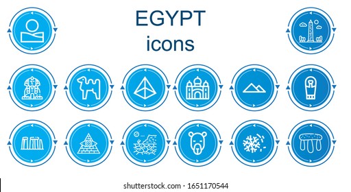 Editable 14 egypt icons for web and mobile. Set of egypt included icons line Desert, Obelisk, Sphinx, Camel, Pyramid, Taj mahal, Sarcophagus, Stonehenge