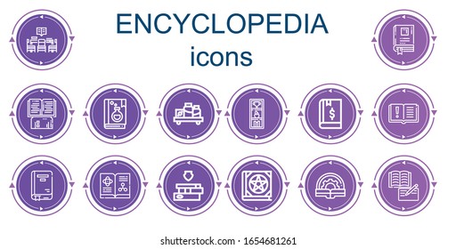 Editable 14 encyclopedia icons for web and mobile. Set of encyclopedia included icons line Library, Book, Shelf, Books