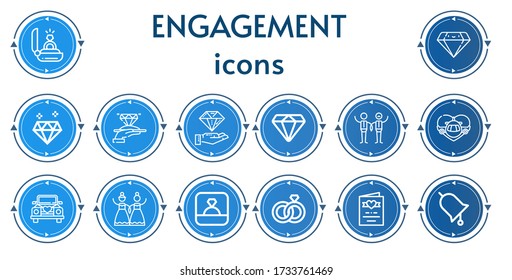 Editable 14 engagement icons for web and mobile. Set of engagement included icons line Engagement, Diamond, Wedding, Honeymoon, Wedding car, Ring, Wedding rings, invitation