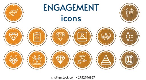 Editable 14 iconos de compromiso para web y móvil. El conjunto de contactos incluía íconos de línea Diamante, Boda, Invitación a la boda, Anillo, Luna de Miel, Anillos, Gema