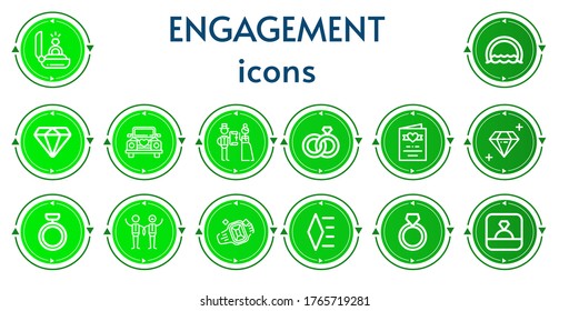 Bearbeitbare 14-Zoll-Icons für Web und Mobile. Bewerbungsset inklusive Ikonen-Reihe Engagement, Ring, Diamond, Hochzeitswagen, Hochzeitsringe, Einladung