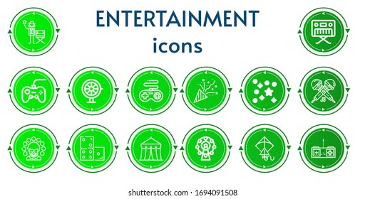 Editable 14 entertainment icons for web and mobile. Set of entertainment included icons line Actor, Piano, Gamepad, Roulette, Confetti, Microphone, Clown, Domino, Circus, Ferris wheel