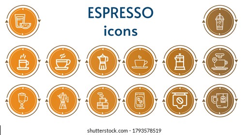 Editable 14 espresso icons for web and mobile. Set of espresso included icons line Tea, Ice coffee, Coffee cup, Coffee, maker, Cup, French press, Cappuccino, beans