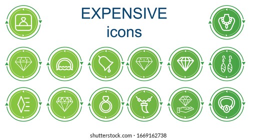 Editable 14 expensive icons for web and mobile. Set of expensive included icons line Ring, Necklace, Diamond, Earrings