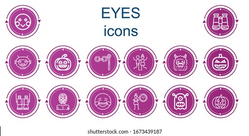 Editable 14 eyes icons for web and mobile. Set of eyes included icons line Shy, Binoculars, Robot mask, Pumpkin, Joy, Monster, Wrestler, Laughing, Cynicism