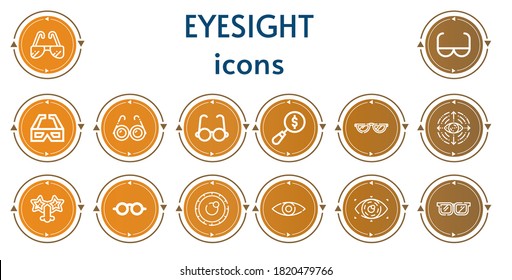 Editable 14 eyesight icons for web and mobile. Set of eyesight included icons line Sunglasses, Sun glasses, d glasses, Glasses, Magnifying glass, Eye, Lens, View