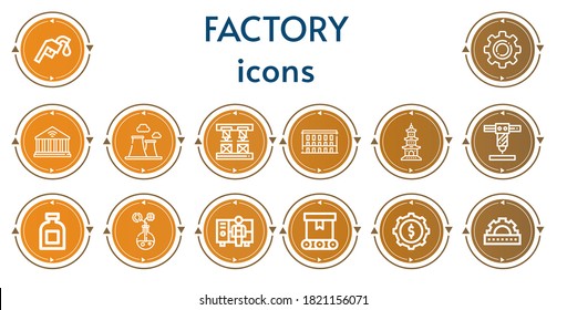 Editable 14 factory icons for web and mobile. Set of factory included icons line Gas station, Gear, Building, Chimney, Robot arm, Buildings, Conserve, Energy, Worker, Conveyor