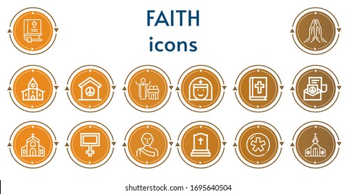 Editable 14 iconos de fe para web y móvil. Conjunto de credo que incluye íconos de la línea Biblia, Oración, Iglesia, Paz, Sacerdote, Nun, Monje, Tombstone, Diáspora