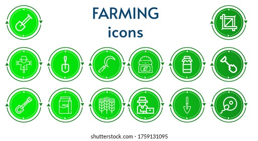 Editable 14 íconos agrícolas para web y móvil. El conjunto de actividades agrícolas incluía la línea de iconos Shovel, Crop, Scarecrow, Sickle, Fertilizer, Leche, Trigo, Agricultor, Fertilización