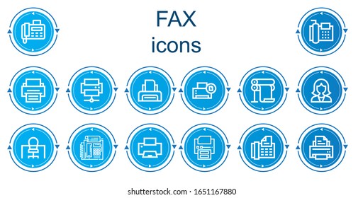 Editable 14 iconos de fax para web y móvil. Conjunto de iconos de fax incluidos línea Fax, Impresora, Recepción, Oficina