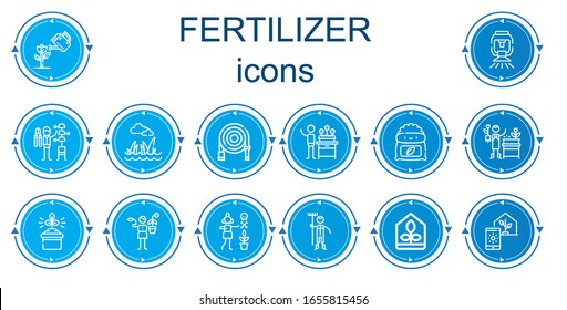 Editable 14 fertilizer icons for web and mobile. Set of fertilizer included icons line Garden, Sprinkler, Gardener, Lawn, Water hose, Fertilizer, Gardening, Greenhouse