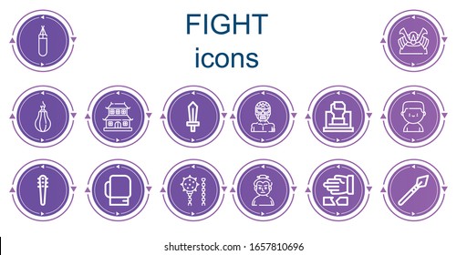 Editable 14 fight icons for web and mobile. Set of fight included icons line Punching bag, Shogun, Punching ball, Dojo, Sword, Wrestler, Fist, Boxer, Weapons, Boxing gloves, Weapon