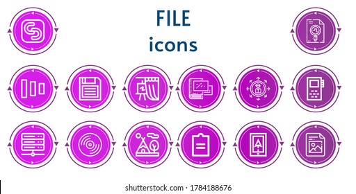 Editable 14 file icons for web and mobile. Set of file included icons line Safecopy backup, File, Fade buttons, Diskette, Gallery, Album, Share, Record, Server, Tipi, Document