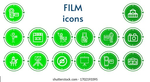 Editable 14 film icons for web and mobile. Set of film included icons line Camcorder, Theater, Photography, Clapperboard, Actor, Photo camera, Camera, Easel, No camera, Projector screen
