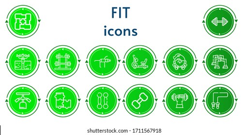 Editable 14 iconos para web y móvil. Conjunto de íconos incluidos línea Brazos, Dumbbell, Fitness, Yoga, Bicicleta Estacionaria, Pushup, Estación de Gimnasio, Puzzle, cuerda de saltar