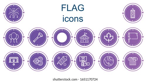 Editable 14 flag icons for web and mobile. Set of flag included icons line Fireworks, Big ben, Balloon, Vuvuzela, Golf, Circus tent, Maple leaf, Flag, Penalty, Thai, Peace, Gps