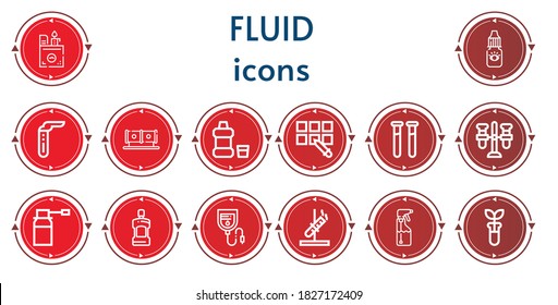 Bearbeitbar 14 Flüssigkeitssymbole für Web und Mobile. Flüssigkeitsmenge inklusive Icons Linie Lighter, Augentropfen, Reagenzglas, Tube, Mundwäsche, Pipette, Teströhren, Spray, Blutbeutel