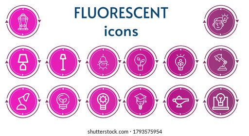 Editable 14 fluorescent icons for web and mobile. Set of fluorescent included icons line Lamp, Idea, Bulb