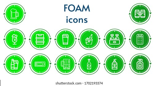 Editable 14 foam icons for web and mobile. Set of foam included icons line Beer, Mattress, Bath, Soap