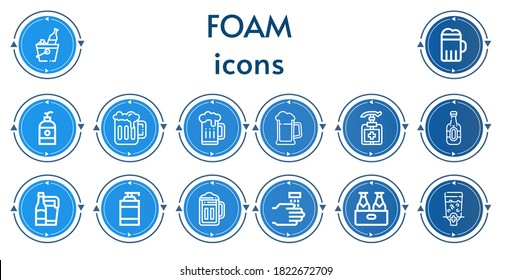 Editable 14 foam icons for web and mobile. Set of foam included icons line Beer, Soap, Antiseptic, Shampoo, WASHING HANDS, Dispenser