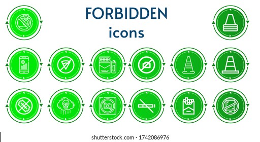 Editable 14 Forbidden Icons For Web And Mobile. Set Of Forbidden Included Icons Line No Camera, Cone, No Wifi, No Fast Food, Cigarette, Traffic Cone, Weapons, Bio Weapon, Photo