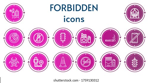 Editable 14 forbidden icons for web and mobile. Set of forbidden included icons line Smoker, Censor, No camera, No liquids, Traffic light, Cigarette, No phone, Biohazard, Restriction