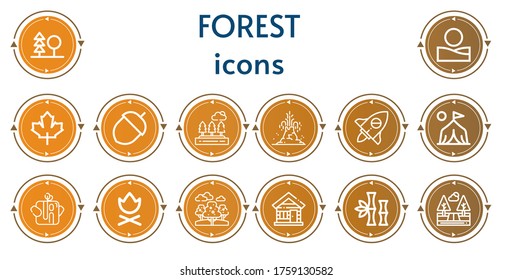 Editable 14 forest icons for web and mobile. Set of forest included icons line Forest, Desert, Maple leaf, Acorn, Trees, Volcano, Adventure, Camp, Trunk, Campfire, Wood house