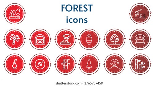 Editable 14 forest icons for web and mobile. Set of forest included icons line Trees, Firewood, Coconut tree, Sloth, Savannah, Sleeping bag, Tree, Mushroom, Root, Adventure, Bamboo